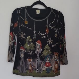 Jess & Jane Black Dog Print Christmas T-shirt Top Sz M Bow Wow Bling Whimsy